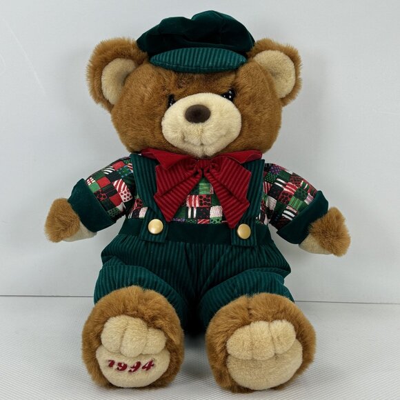 Vintage 1994 Kmart Teddy Bear Lane Christmas Bear Holiday Overalls Hat Bow 18" - Picture 1 of 13